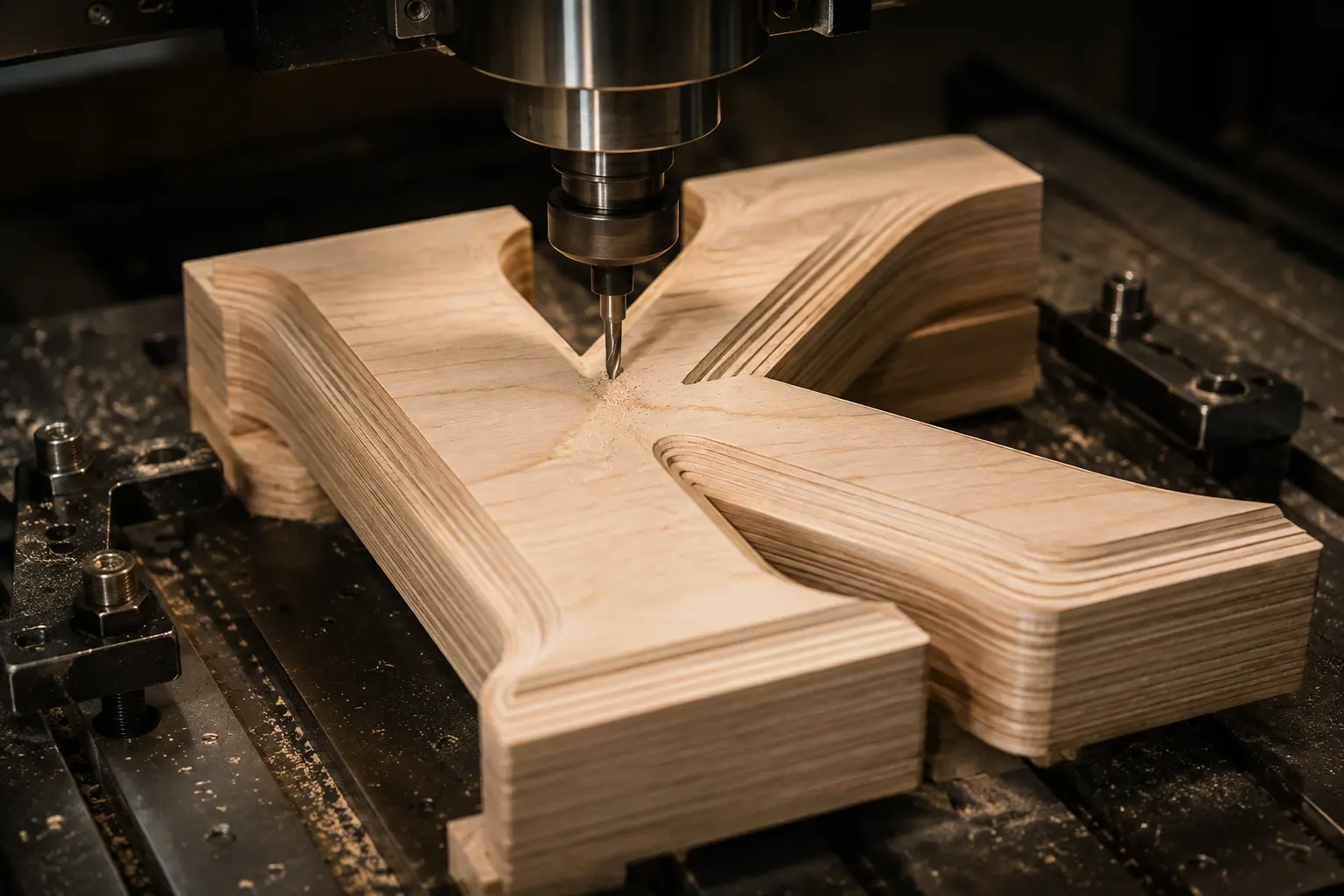 Ilustrasi konsep spindle CNC membentuk huruf K dari lapisan kayu