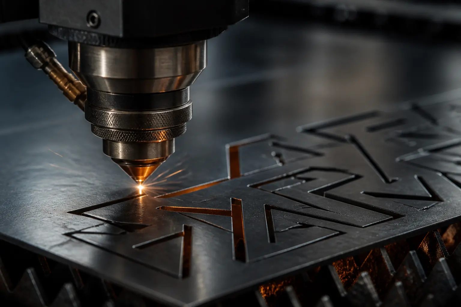Ilustrasi konsep proses laser cutting pola geometris pada lembaran metal